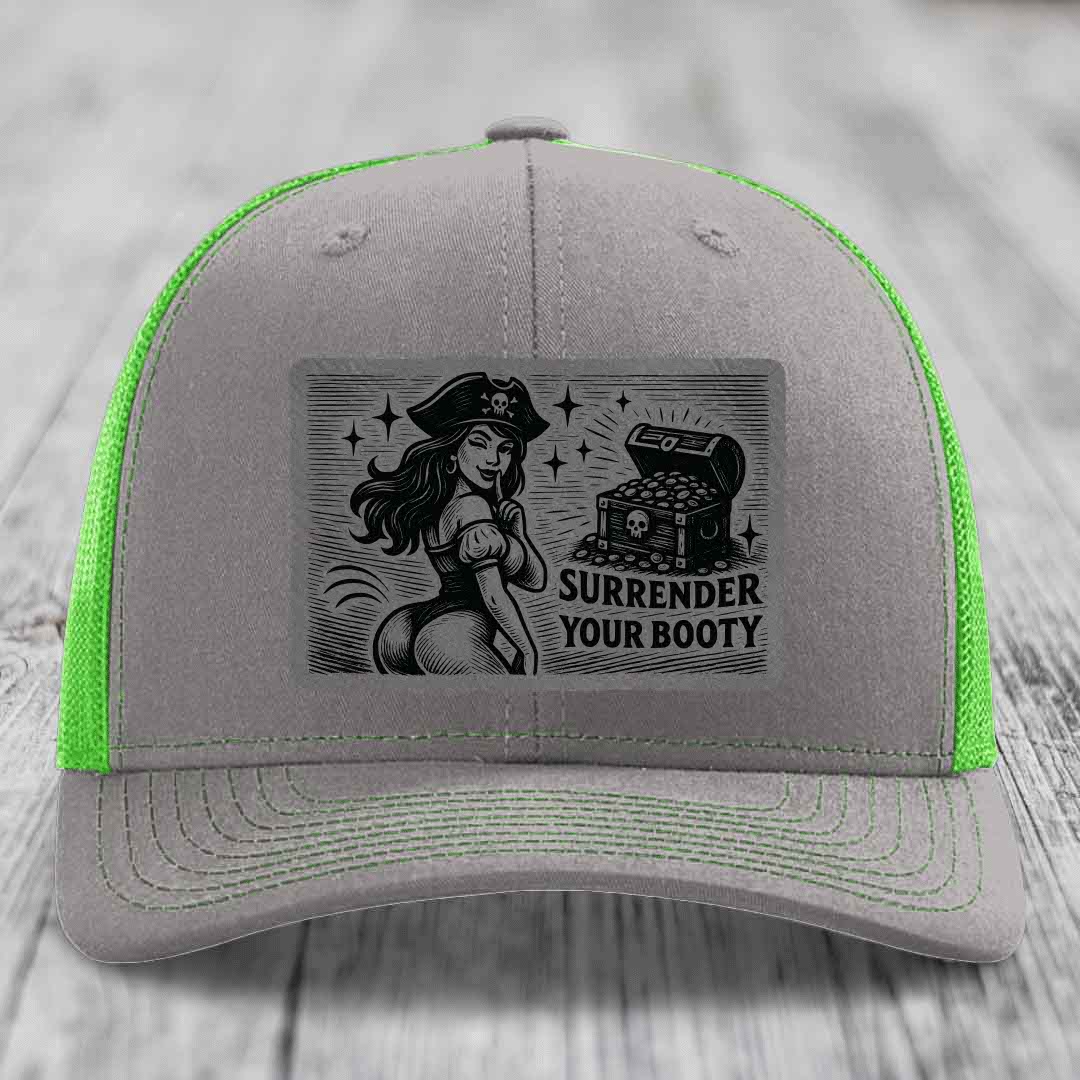 Surrender Your Booty - Leather Patch Hat - Grey to Black Patch - Richardson 112 Snapback Trucker Hat