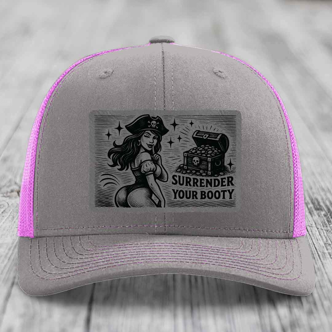 Surrender Your Booty - Leather Patch Hat - Grey to Black Patch - Richardson 112 Snapback Trucker Hat