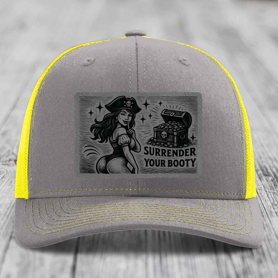 Surrender Your Booty - Leather Patch Hat - Grey to Black Patch - Richardson 112 Snapback Trucker Hat
