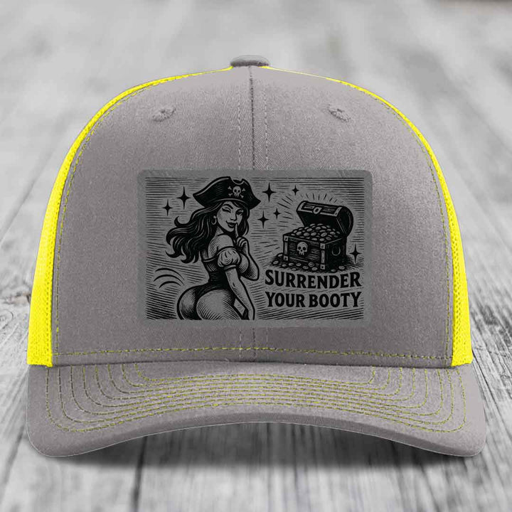Surrender Your Booty - Leather Patch Hat - Grey to Black Patch - Richardson 112 Snapback Trucker Hat