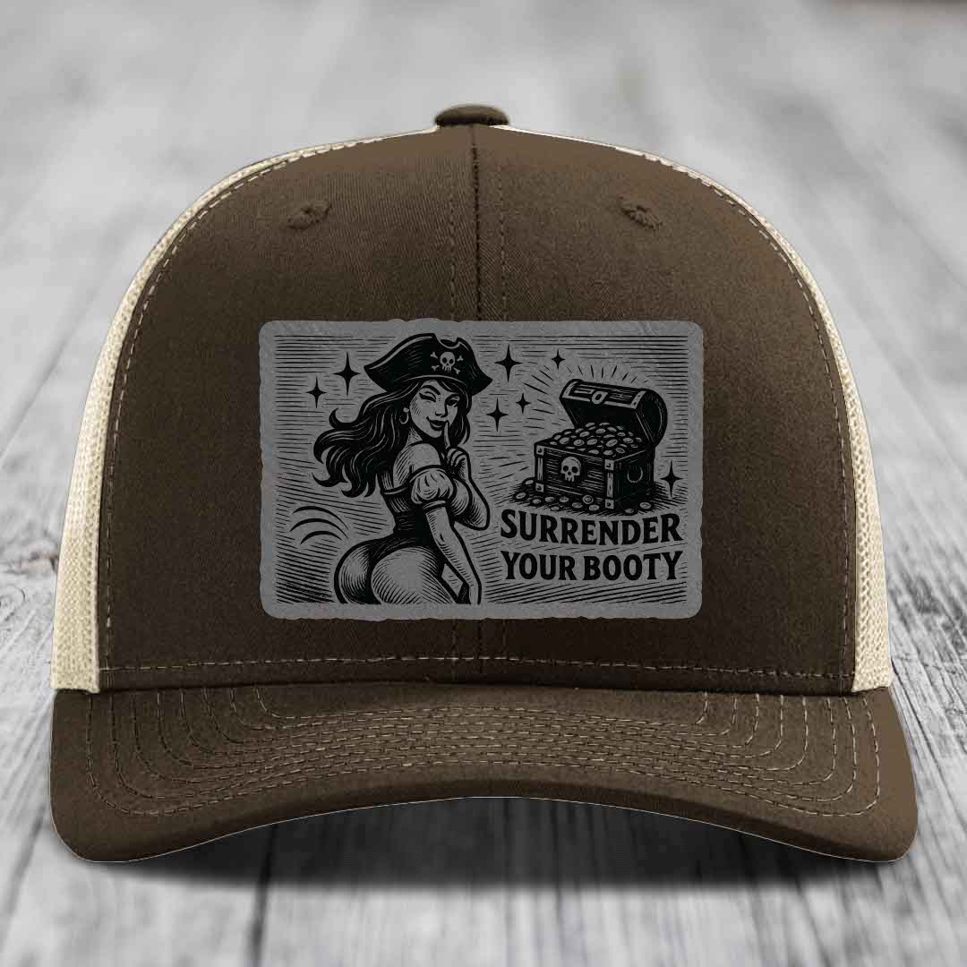 Surrender Your Booty - Leather Patch Hat - Grey to Black Patch - Richardson 112 Snapback Trucker Hat
