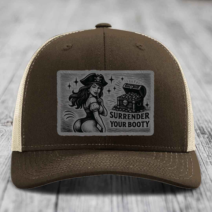 Surrender Your Booty - Leather Patch Hat - Grey to Black Patch - Richardson 112 Snapback Trucker Hat