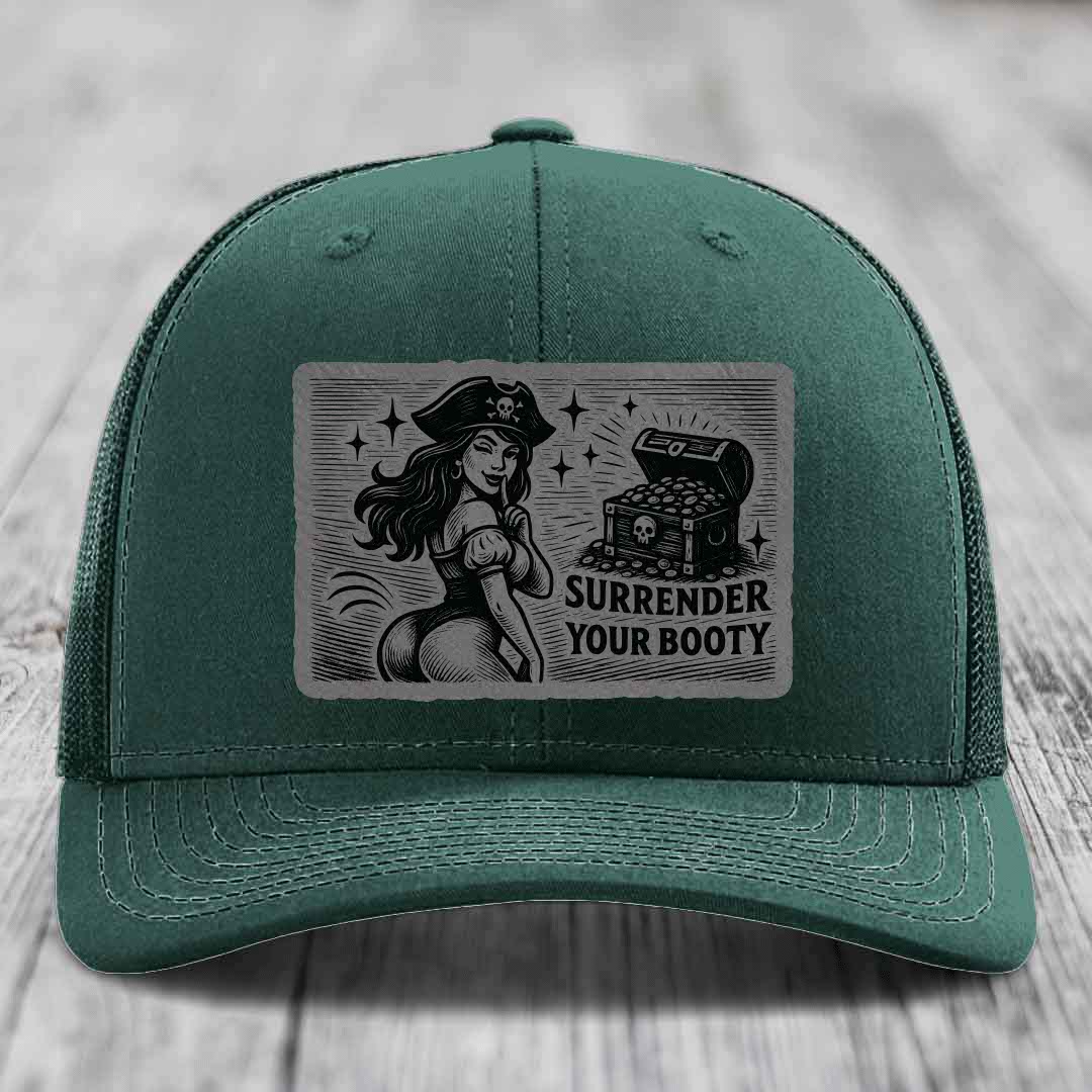 Surrender Your Booty - Leather Patch Hat - Grey to Black Patch - Richardson 112 Snapback Trucker Hat