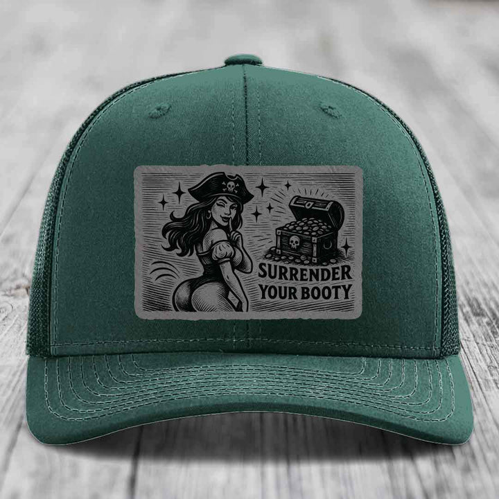 Surrender Your Booty - Leather Patch Hat - Grey to Black Patch - Richardson 112 Snapback Trucker Hat
