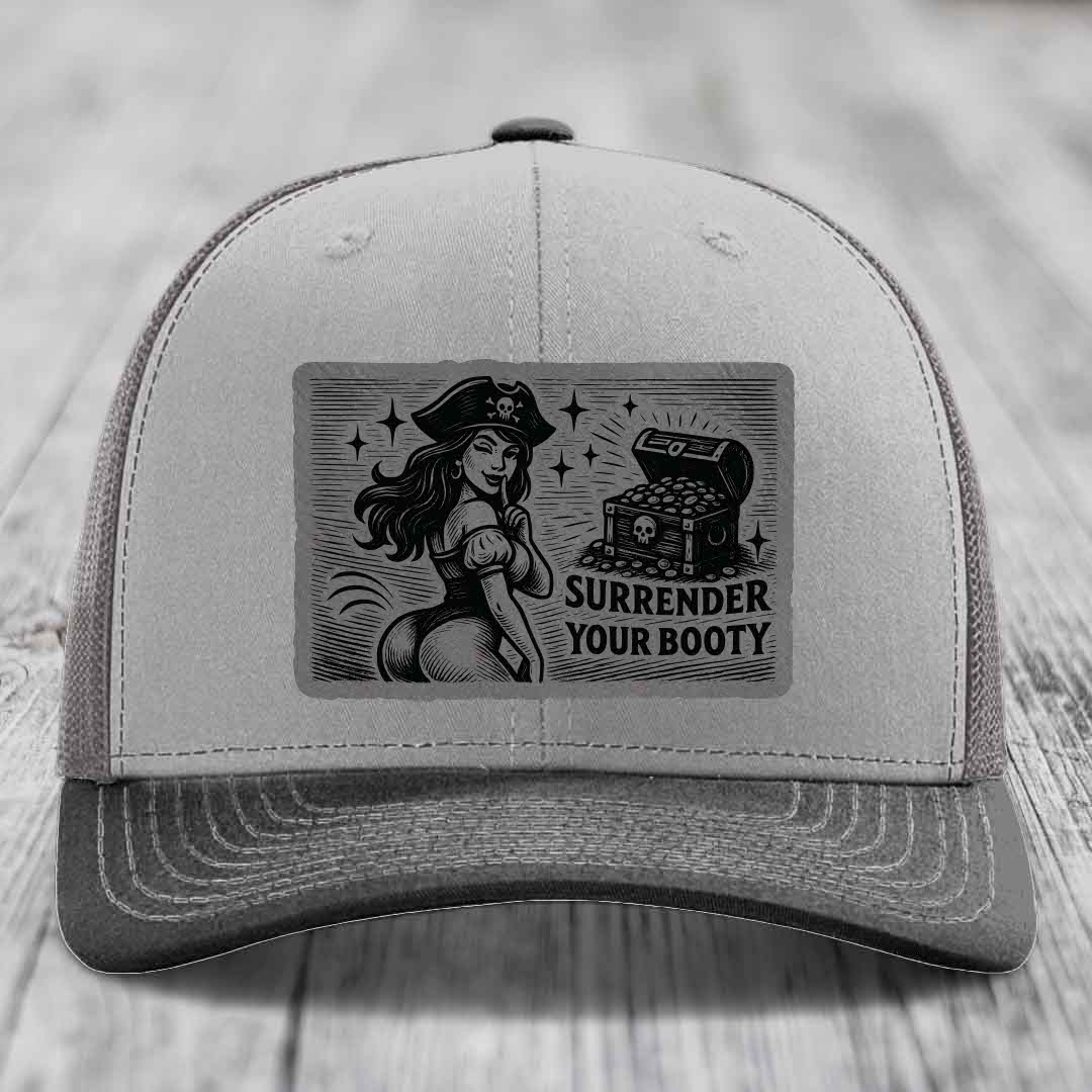 Surrender Your Booty - Leather Patch Hat - Grey to Black Patch - Richardson 112 Snapback Trucker Hat