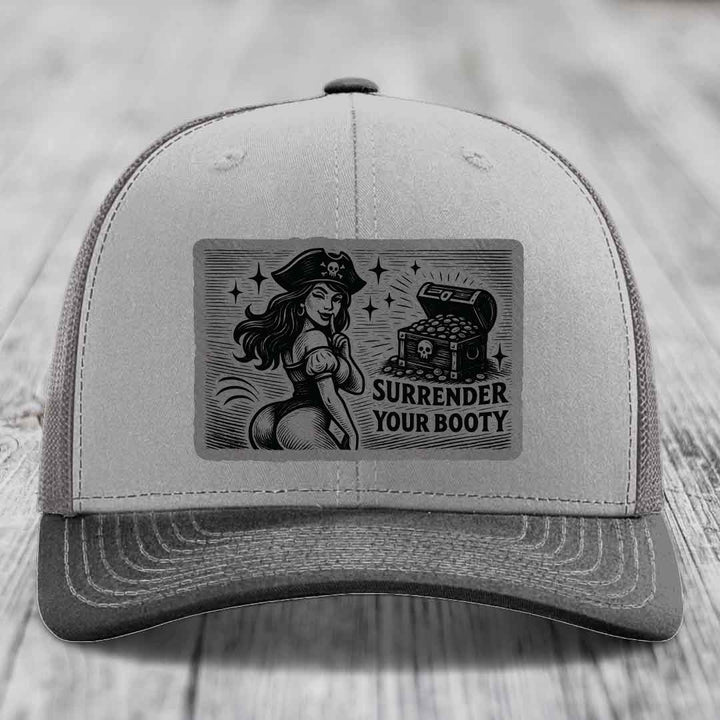 Surrender Your Booty - Leather Patch Hat - Grey to Black Patch - Richardson 112 Snapback Trucker Hat
