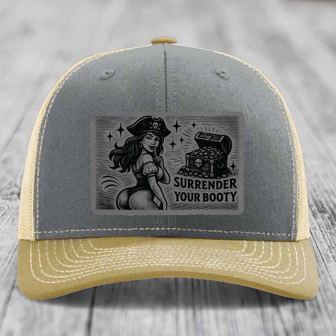Surrender Your Booty - Leather Patch Hat - Grey to Black Patch - Richardson 112 Snapback Trucker Hat