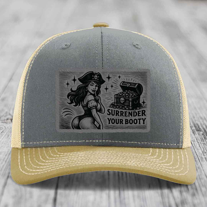 Surrender Your Booty - Leather Patch Hat - Grey to Black Patch - Richardson 112 Snapback Trucker Hat