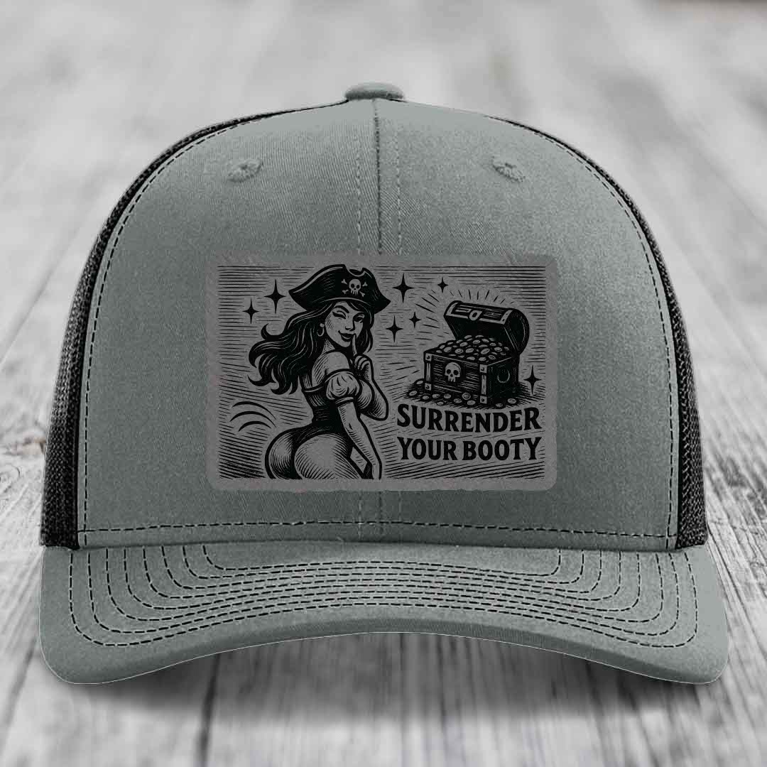 Surrender Your Booty - Leather Patch Hat - Grey to Black Patch - Richardson 112 Snapback Trucker Hat
