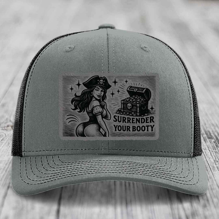 Surrender Your Booty - Leather Patch Hat - Grey to Black Patch - Richardson 112 Snapback Trucker Hat