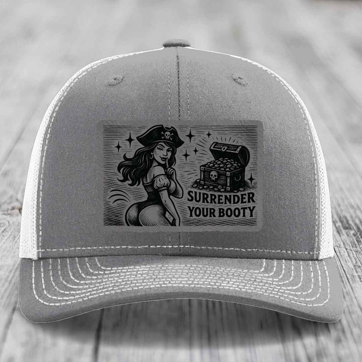 Surrender Your Booty - Leather Patch Hat - Grey to Black Patch - Richardson 112 Snapback Trucker Hat