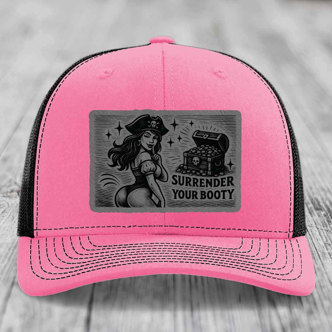 Surrender Your Booty - Leather Patch Hat - Grey to Black Patch - Richardson 112 Snapback Trucker Hat