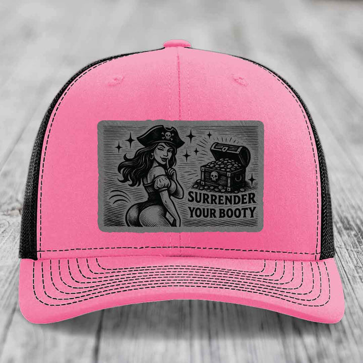 Surrender Your Booty - Leather Patch Hat - Grey to Black Patch - Richardson 112 Snapback Trucker Hat