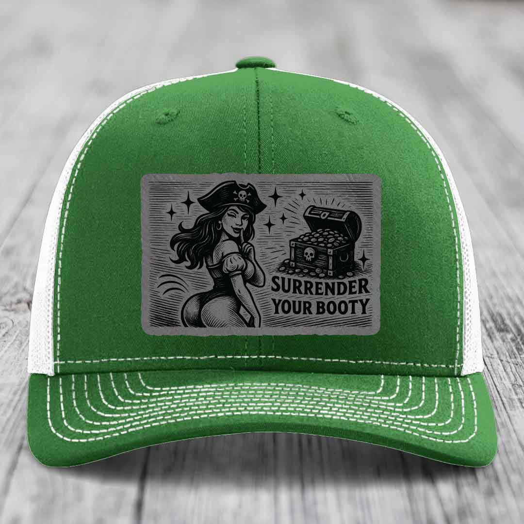 Surrender Your Booty - Leather Patch Hat - Grey to Black Patch - Richardson 112 Snapback Trucker Hat