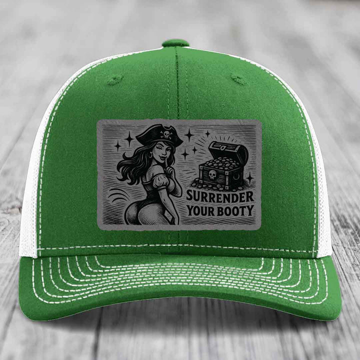 Surrender Your Booty - Leather Patch Hat - Grey to Black Patch - Richardson 112 Snapback Trucker Hat