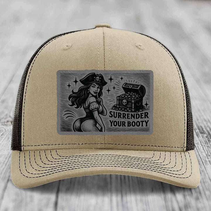 Surrender Your Booty - Leather Patch Hat - Grey to Black Patch - Richardson 112 Snapback Trucker Hat