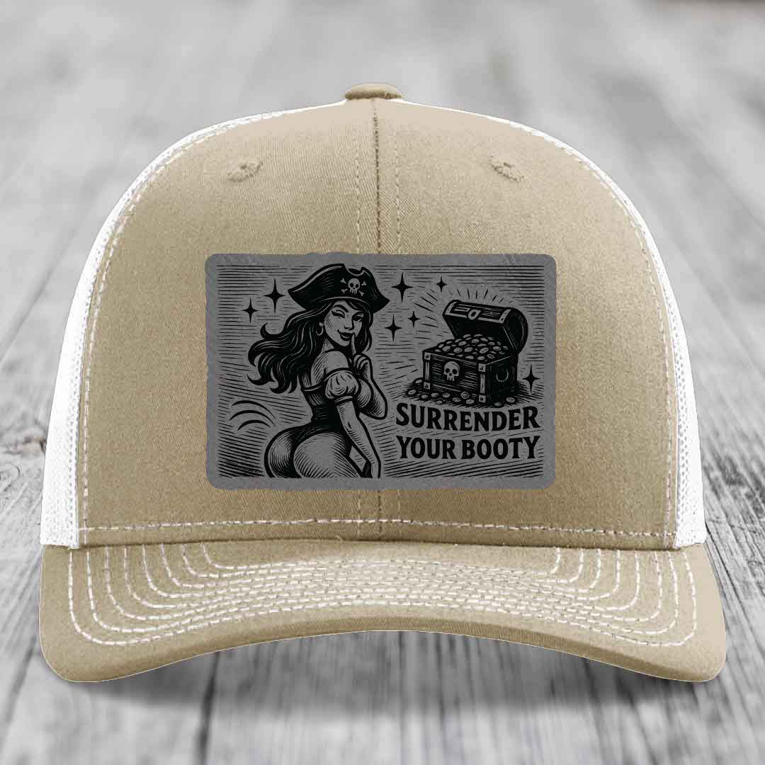 Surrender Your Booty - Leather Patch Hat - Grey to Black Patch - Richardson 112 Snapback Trucker Hat