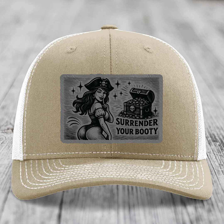 Surrender Your Booty - Leather Patch Hat - Grey to Black Patch - Richardson 112 Snapback Trucker Hat