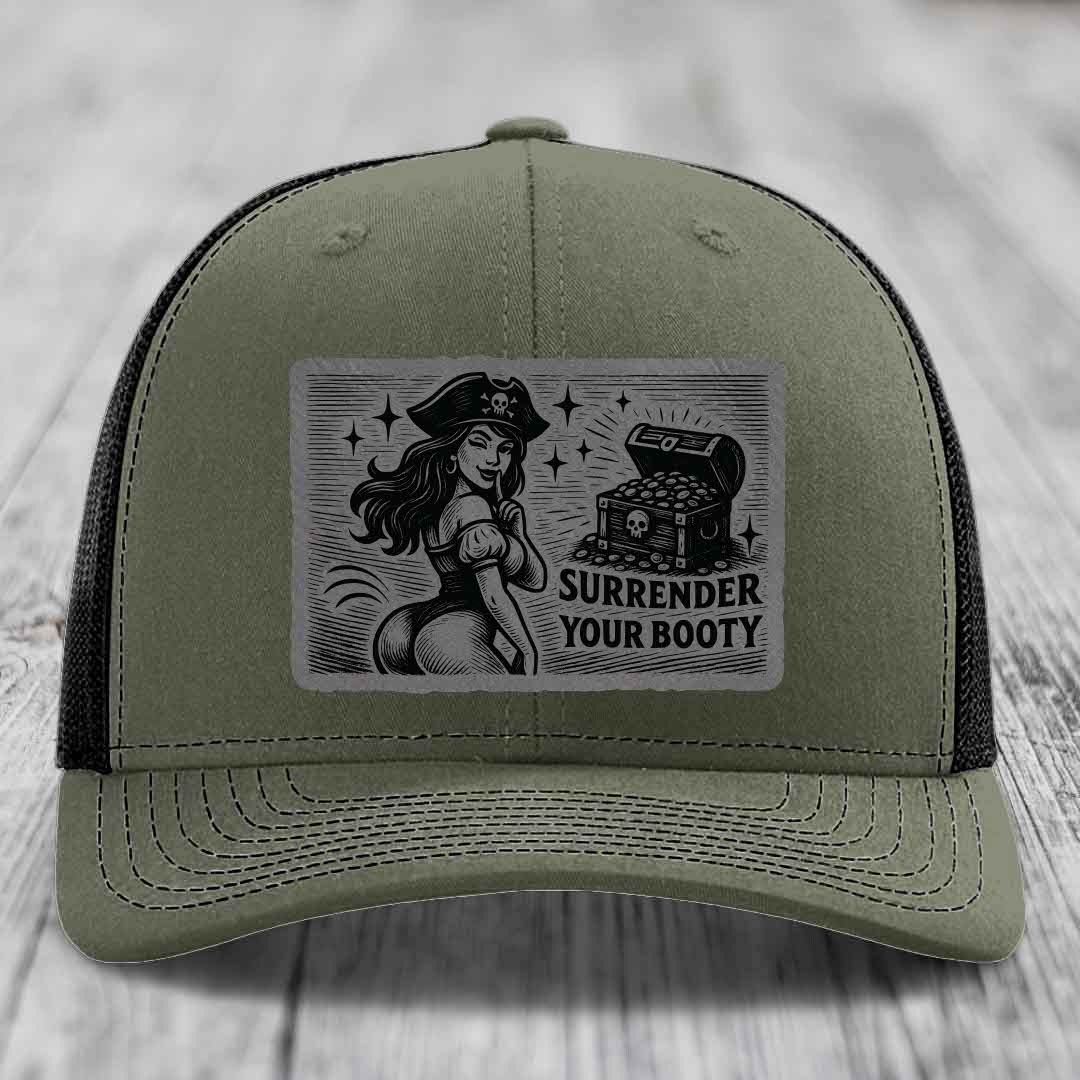 Surrender Your Booty - Leather Patch Hat - Grey to Black Patch - Richardson 112 Snapback Trucker Hat
