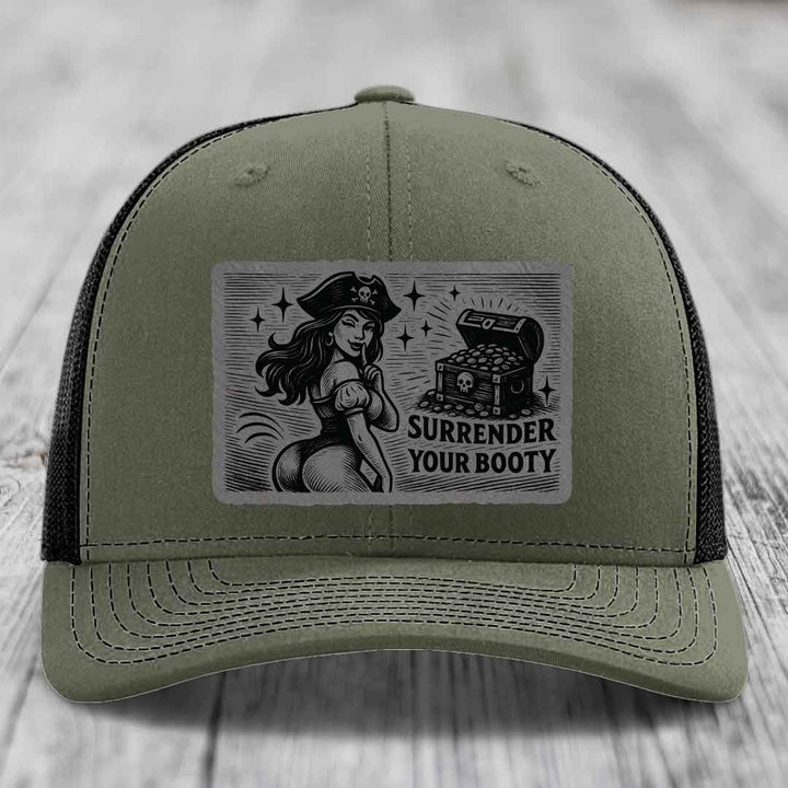 Surrender Your Booty - Leather Patch Hat - Grey to Black Patch - Richardson 112 Snapback Trucker Hat