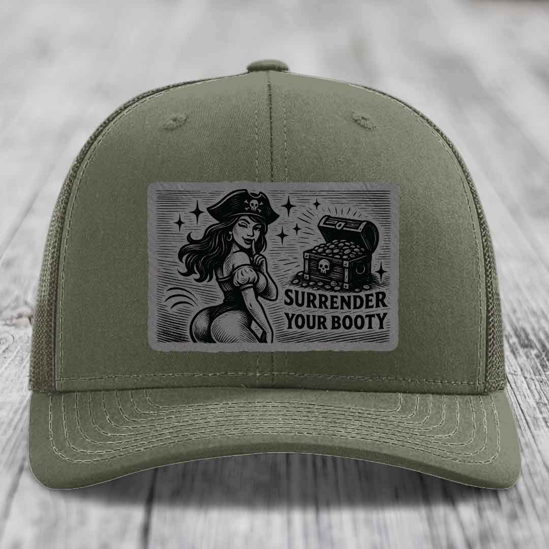 Surrender Your Booty - Leather Patch Hat - Grey to Black Patch - Richardson 112 Snapback Trucker Hat