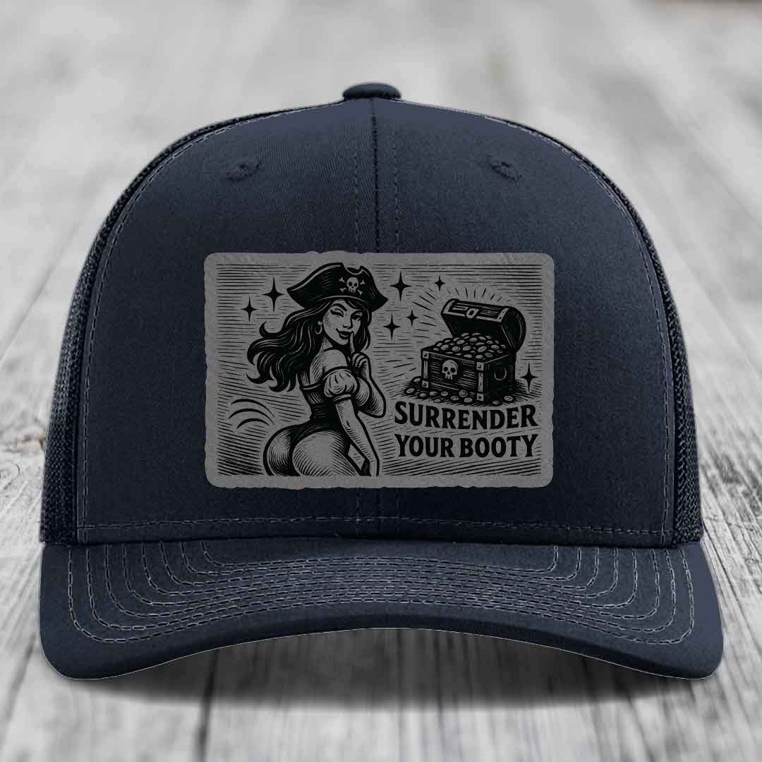 Surrender Your Booty - Leather Patch Hat - Grey to Black Patch - Richardson 112 Snapback Trucker Hat