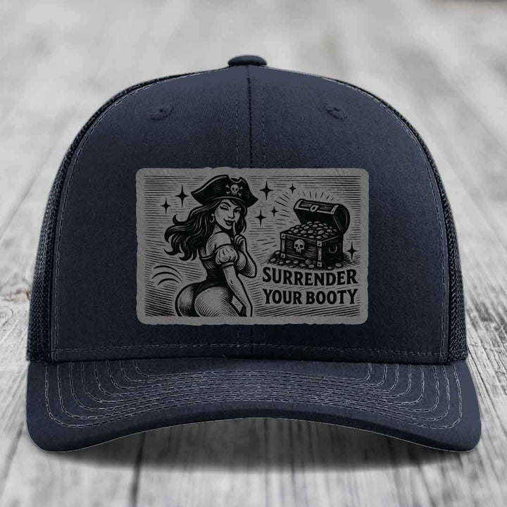 Surrender Your Booty - Leather Patch Hat - Grey to Black Patch - Richardson 112 Snapback Trucker Hat