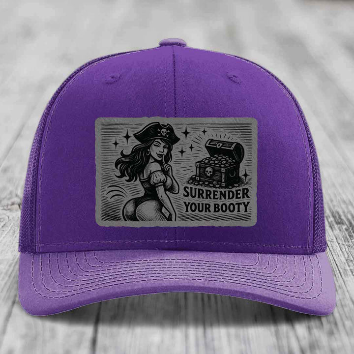Surrender Your Booty - Leather Patch Hat - Grey to Black Patch - Richardson 112 Snapback Trucker Hat