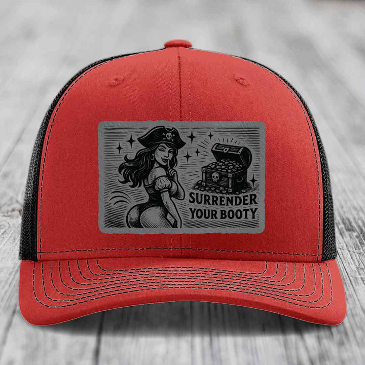 Surrender Your Booty - Leather Patch Hat - Grey to Black Patch - Richardson 112 Snapback Trucker Hat