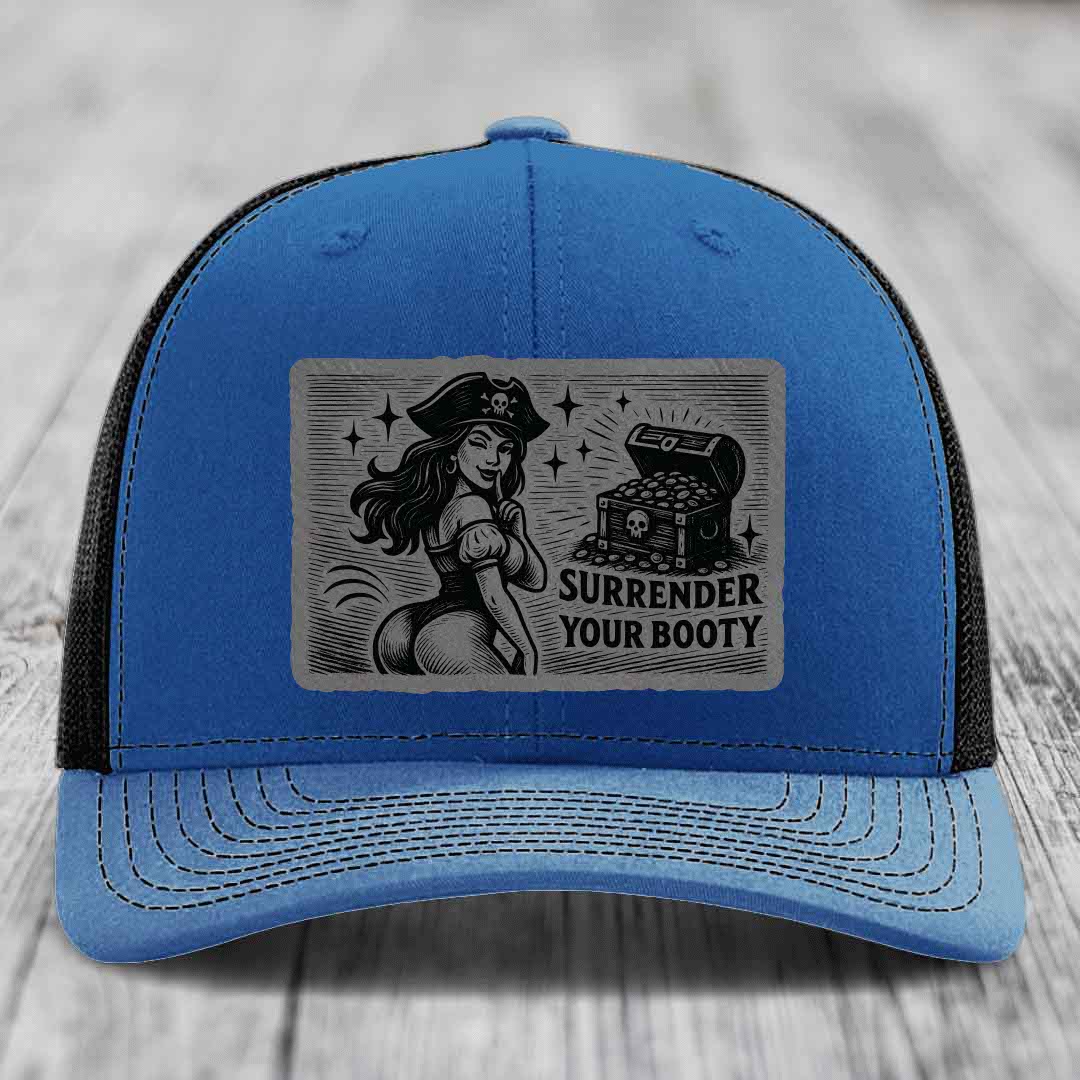 Surrender Your Booty - Leather Patch Hat - Grey to Black Patch - Richardson 112 Snapback Trucker Hat