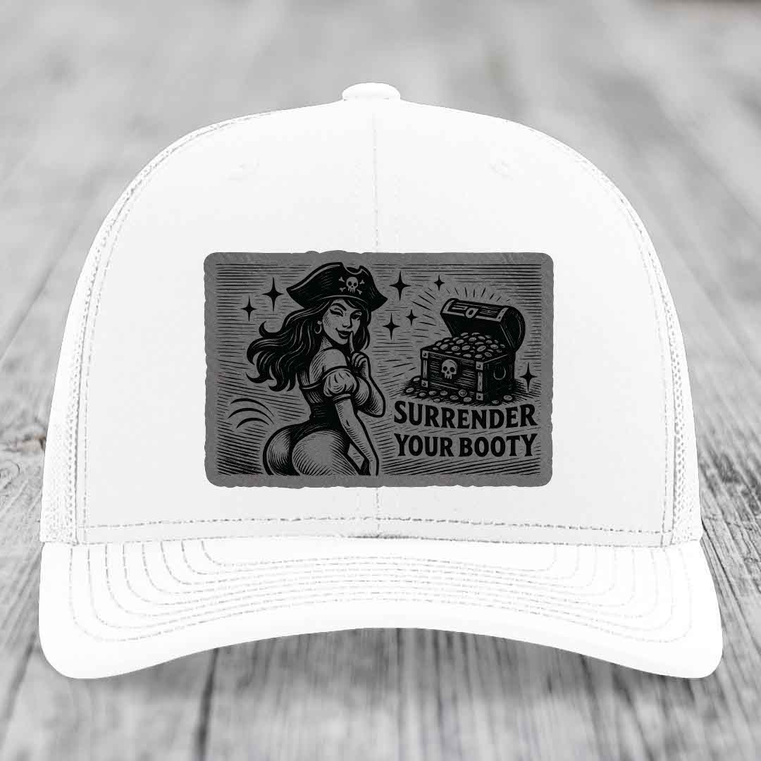 Surrender Your Booty - Leather Patch Hat - Grey to Black Patch - Richardson 112 Snapback Trucker Hat