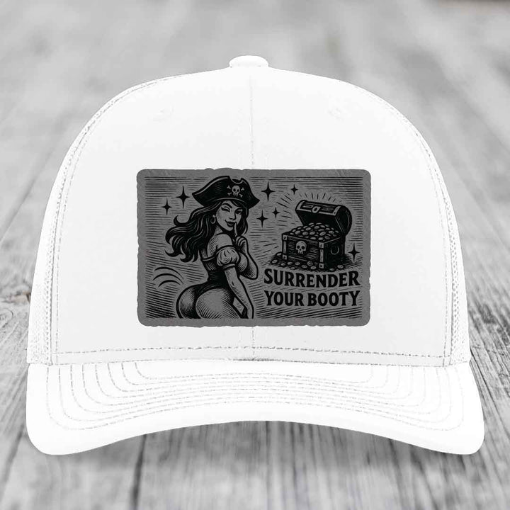 Surrender Your Booty - Leather Patch Hat - Grey to Black Patch - Richardson 112 Snapback Trucker Hat