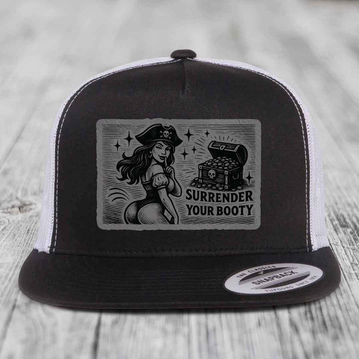 Surrender Your Booty - Leather Patch Hat - Grey to Black Patch - Yupoong 6006 Snapback Flatbill Hat