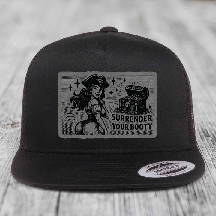 Surrender Your Booty - Leather Patch Hat - Grey to Black Patch - Yupoong 6006 Snapback Flatbill Hat