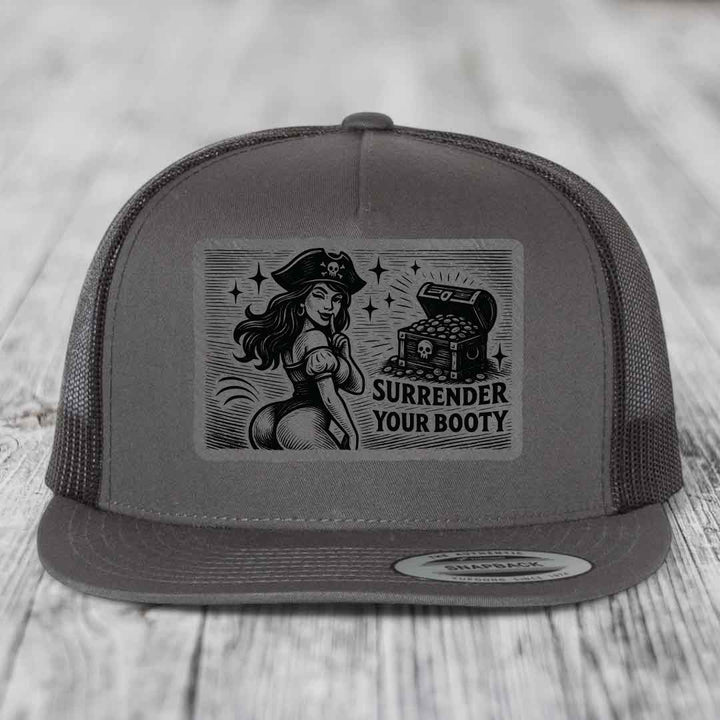 Surrender Your Booty - Leather Patch Hat - Grey to Black Patch - Yupoong 6006 Snapback Flatbill Hat