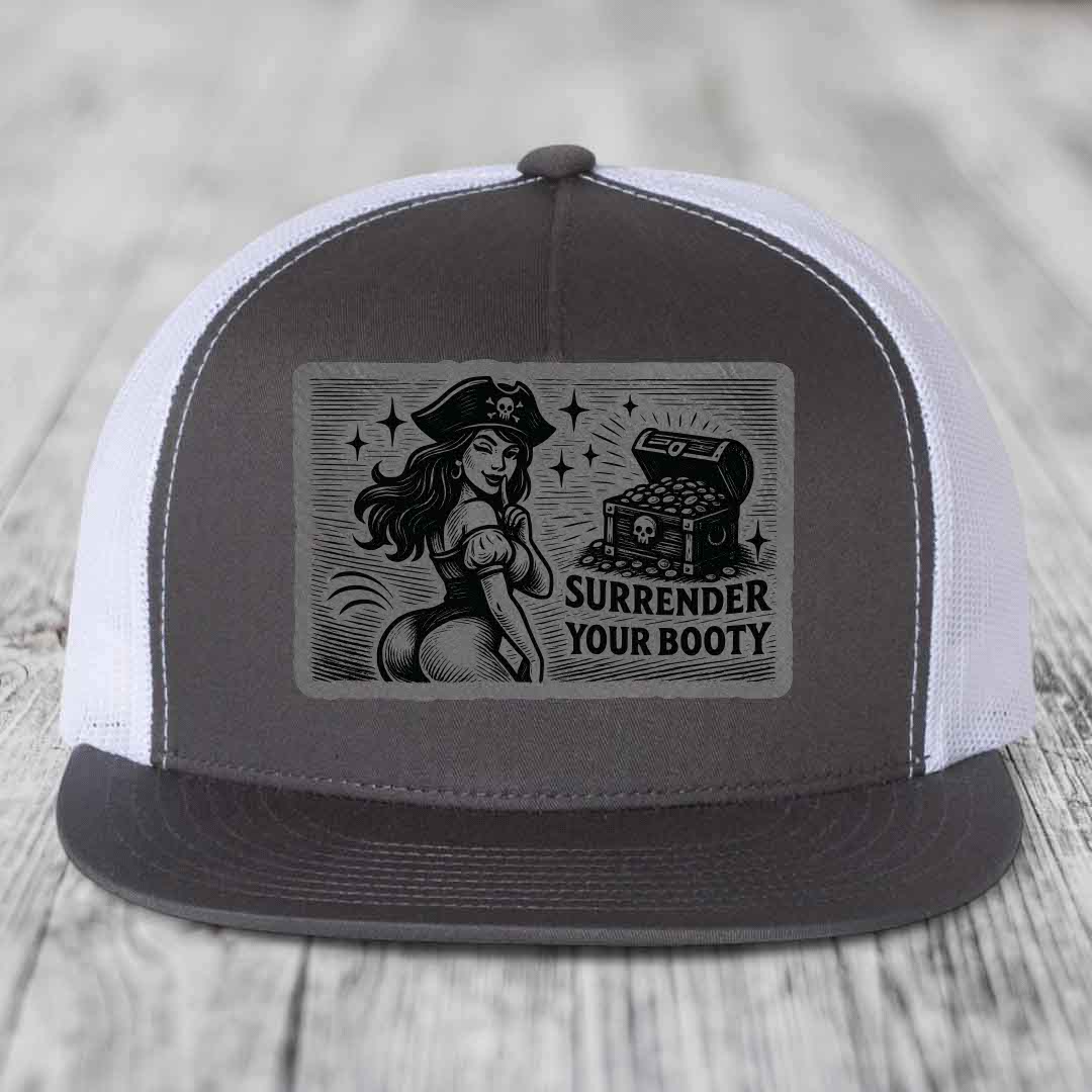 Surrender Your Booty - Leather Patch Hat - Grey to Black Patch - Yupoong 6006 Snapback Flatbill Hat