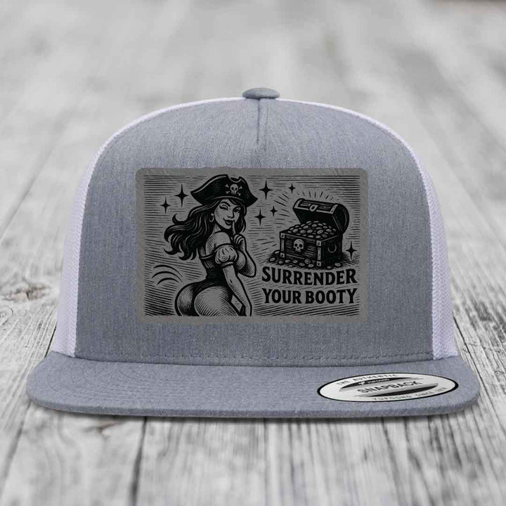 Surrender Your Booty - Leather Patch Hat - Grey to Black Patch - Yupoong 6006 Snapback Flatbill Hat