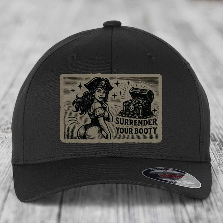 Surrender Your Booty - Leather Patch Hat - Light Brown to Black Patch - Flexfit 6277 Fitted Hat