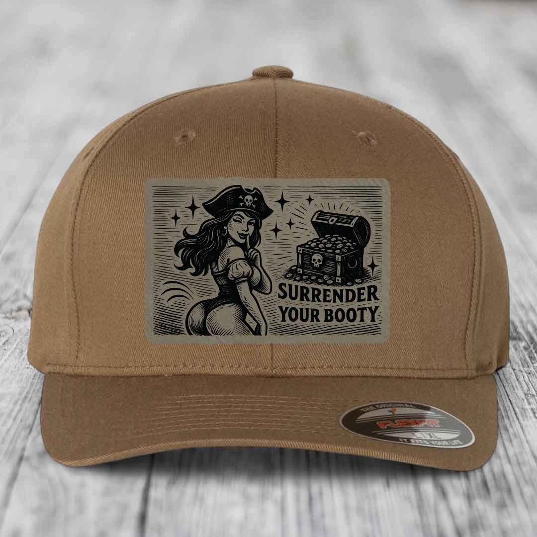 Surrender Your Booty - Leather Patch Hat - Light Brown to Black Patch - Flexfit 6277 Fitted Hat
