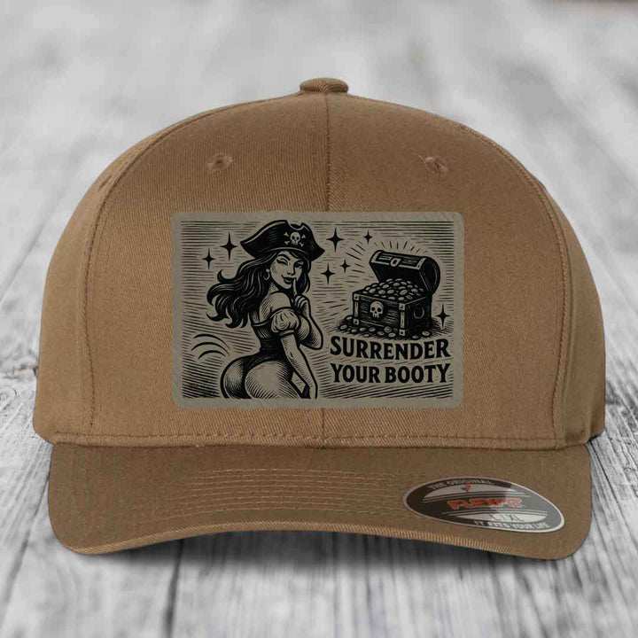 Surrender Your Booty - Leather Patch Hat - Light Brown to Black Patch - Flexfit 6277 Fitted Hat