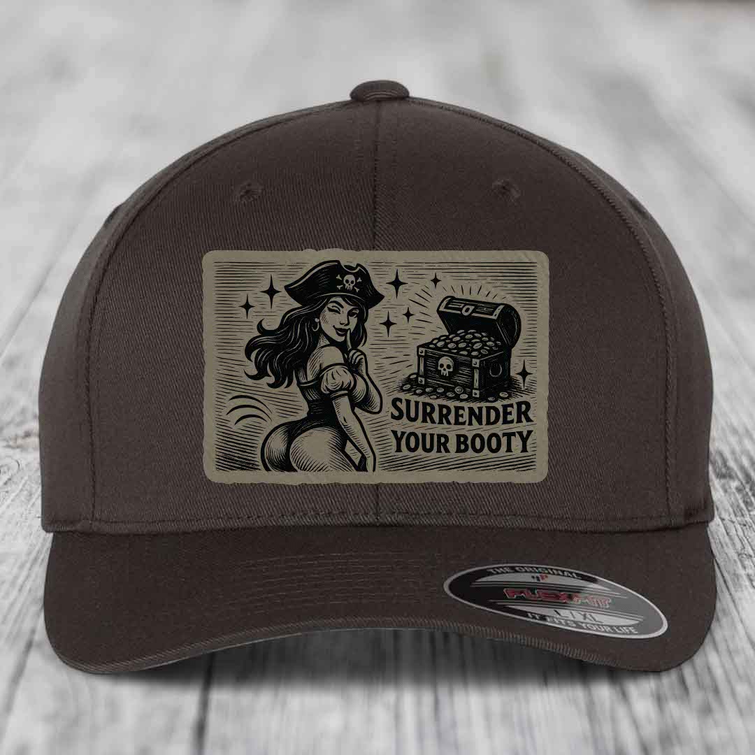 Surrender Your Booty - Leather Patch Hat - Light Brown to Black Patch - Flexfit 6277 Fitted Hat