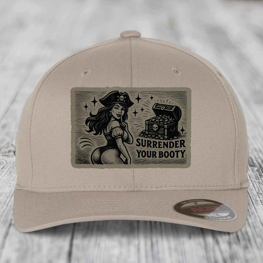 Surrender Your Booty - Leather Patch Hat - Light Brown to Black Patch - Flexfit 6277 Fitted Hat
