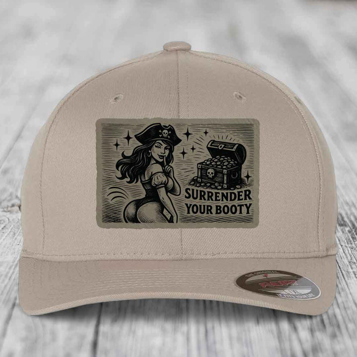 Surrender Your Booty - Leather Patch Hat - Light Brown to Black Patch - Flexfit 6277 Fitted Hat