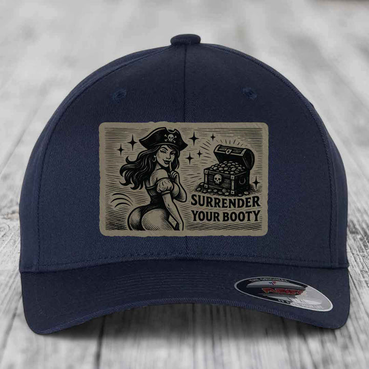 Surrender Your Booty - Leather Patch Hat - Light Brown to Black Patch - Flexfit 6277 Fitted Hat