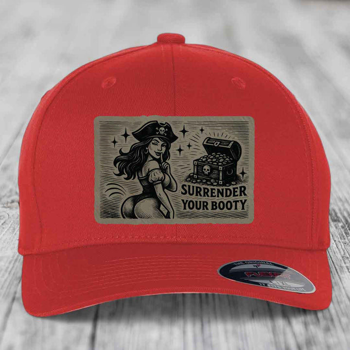 Surrender Your Booty - Leather Patch Hat - Light Brown to Black Patch - Flexfit 6277 Fitted Hat
