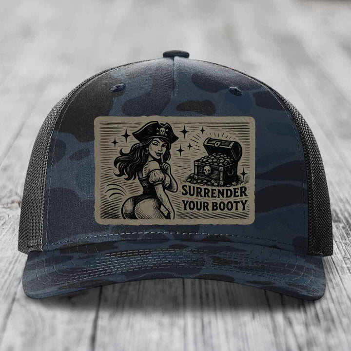 Surrender Your Booty - Leather Patch Hat - Light Brown to Black Patch - Richardson 112PFP Snapback Trucker Hat