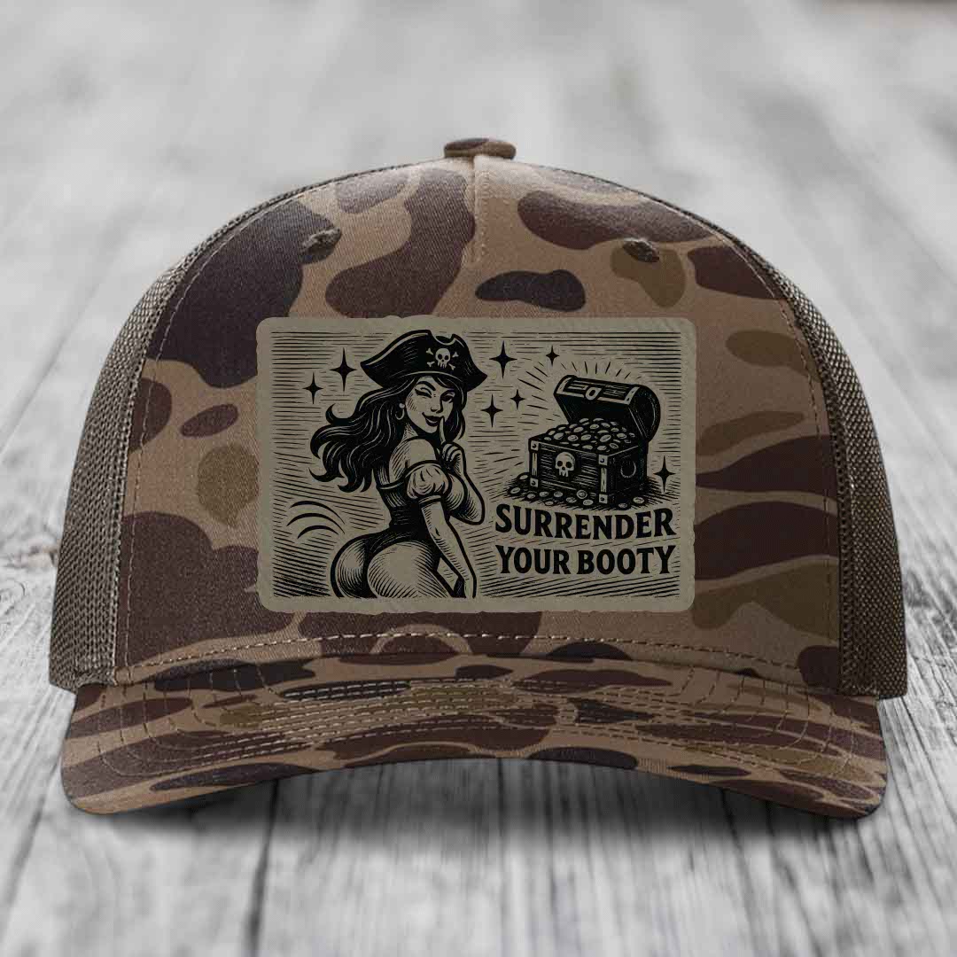 Surrender Your Booty - Leather Patch Hat - Light Brown to Black Patch - Richardson 112PFP Snapback Trucker Hat