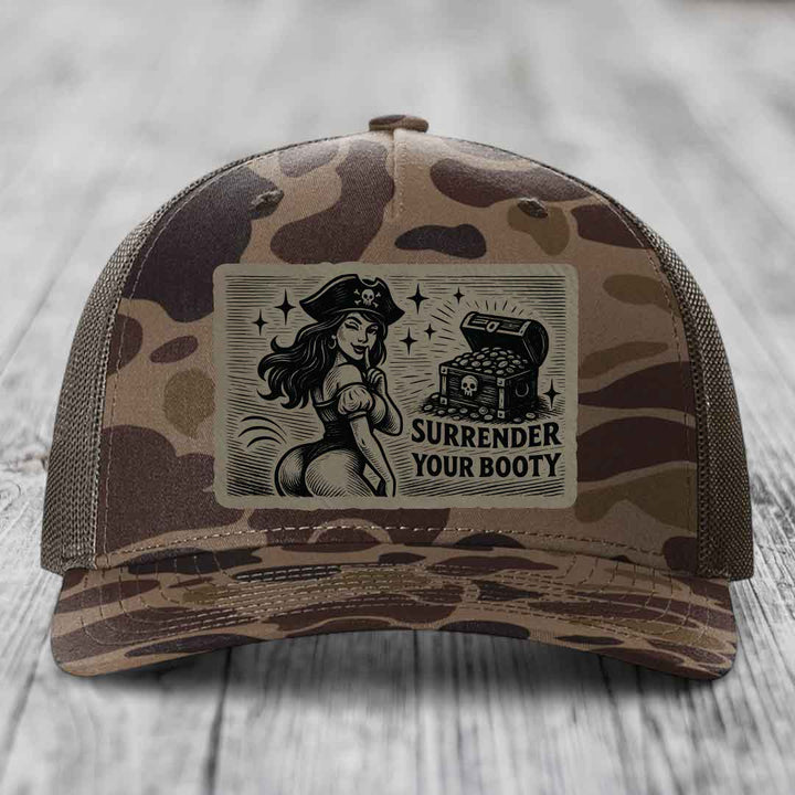 Surrender Your Booty - Leather Patch Hat - Light Brown to Black Patch - Richardson 112PFP Snapback Trucker Hat