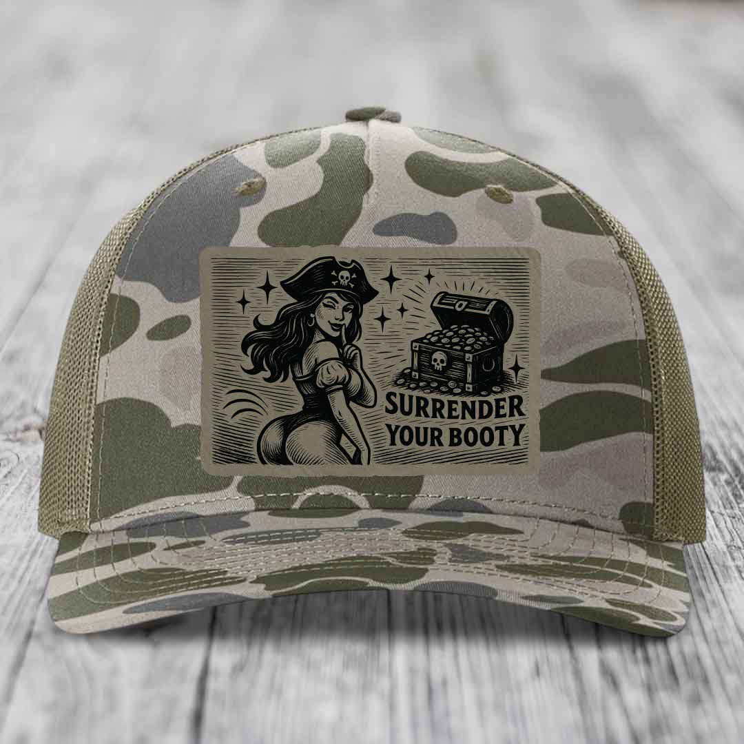 Surrender Your Booty - Leather Patch Hat - Light Brown to Black Patch - Richardson 112PFP Snapback Trucker Hat