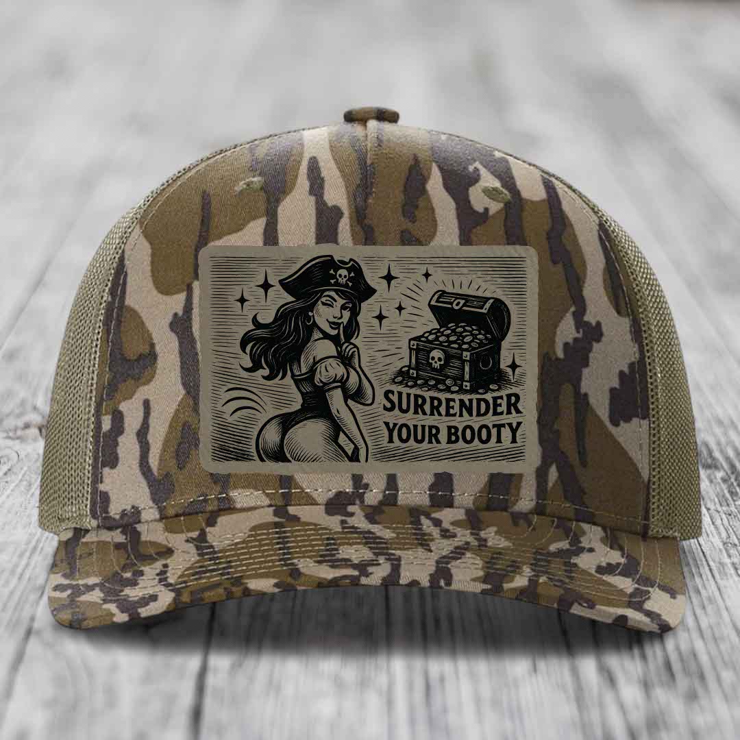 Surrender Your Booty - Leather Patch Hat - Light Brown to Black Patch - Richardson 112PFP Snapback Trucker Hat